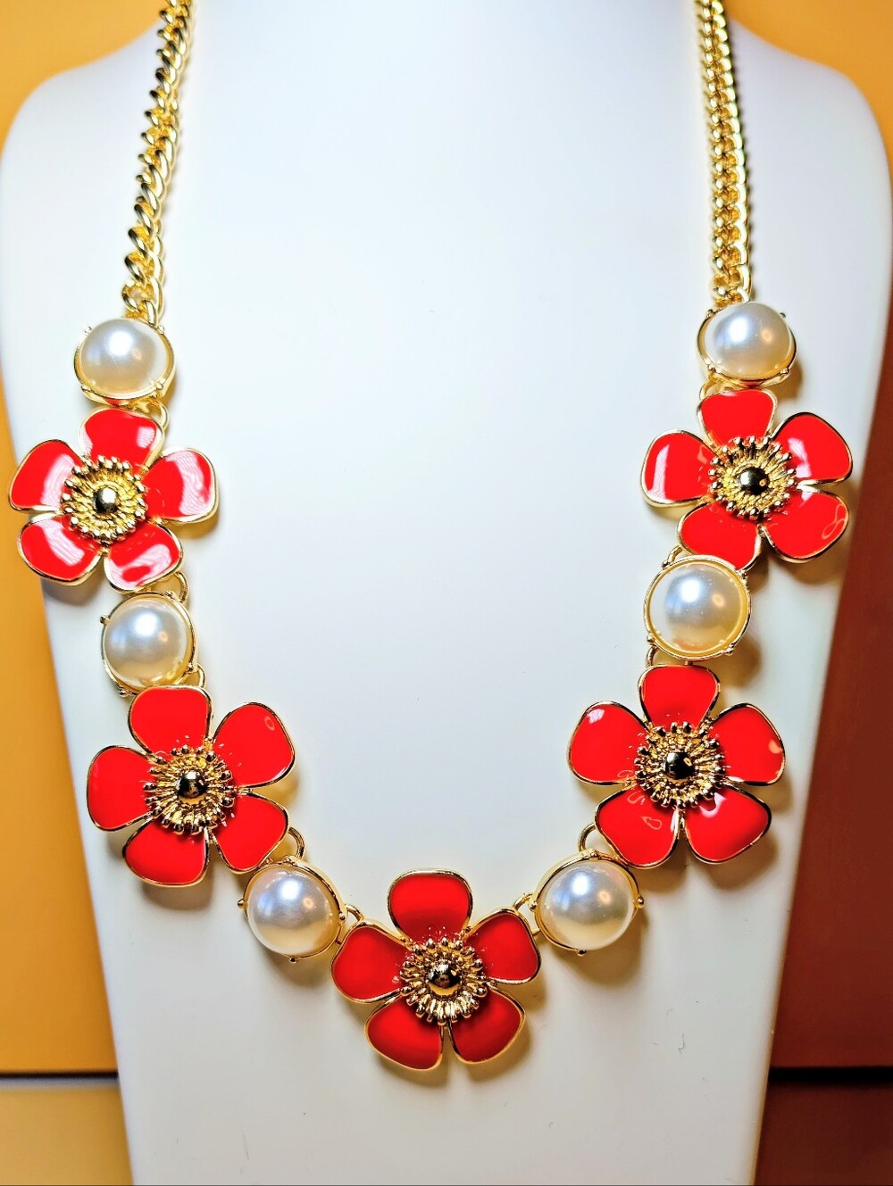 Gold Tone Red Enamel Floral Necklace